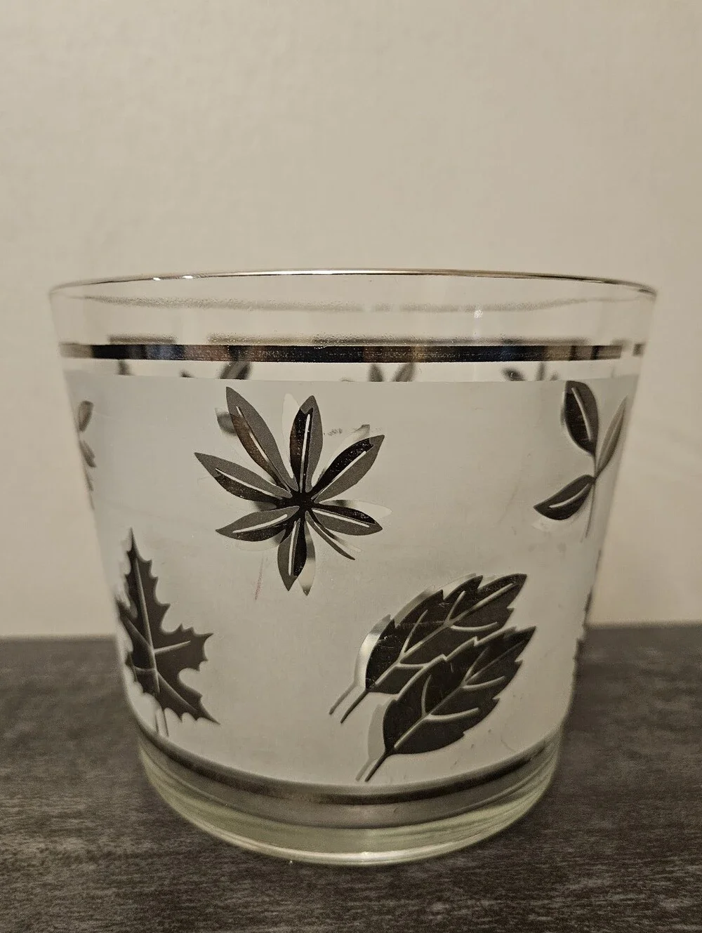 Vintage Mid Century Glass Silver Leaf Frosted Ice Bucket & 2 Shot Glasses